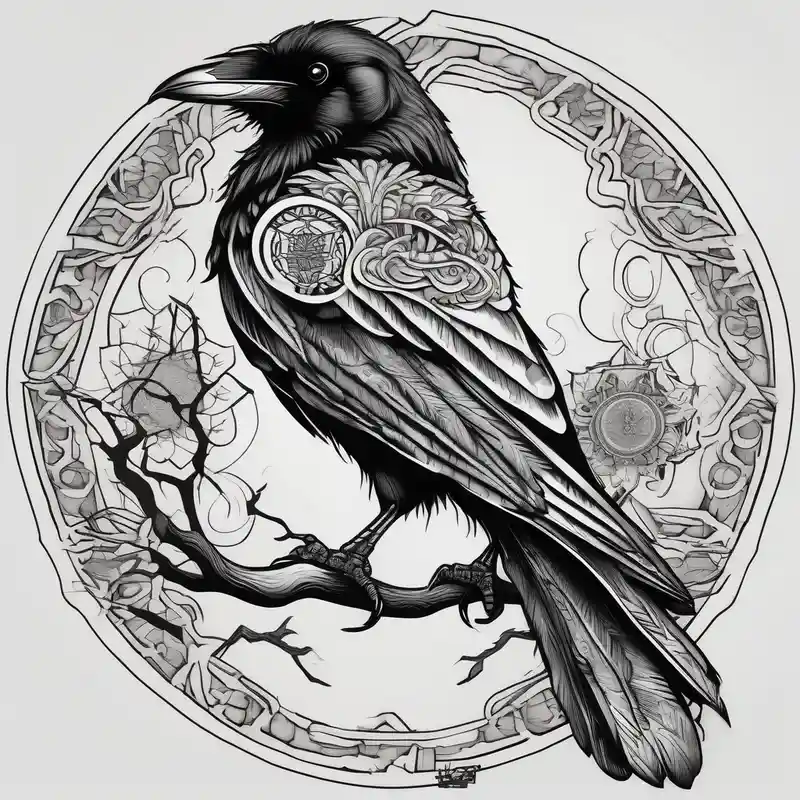 laeft arm tattoo of a raven on a branch surrounded by mandala floral sleeve tattoo
